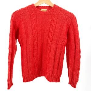 Vintage 60s Custom Made Red Wool Cable Knit Crewneck Sweater